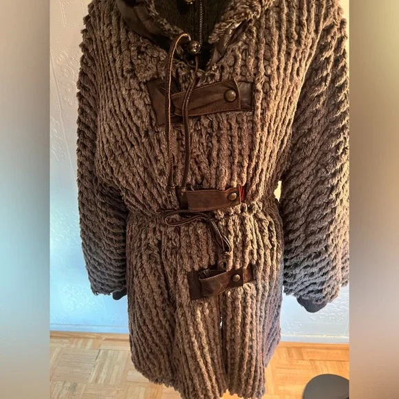 Save The Queen Brown Teddy Jacket with Leather Trim and Hood - Picture 2 of 14